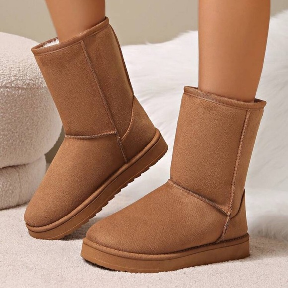 Women’s Solid Color Tan Fleece Mid-Calf Warm Snow Boots - Picture 2 of 4